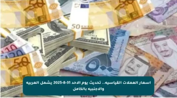 أسعار العملات القياسية.. تحديث يوم الأحد 31-8-2025 يشمل العربية والأجنبية بالكامل